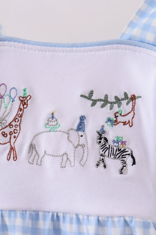 Blue Gingham Animal Embroidered Bubble