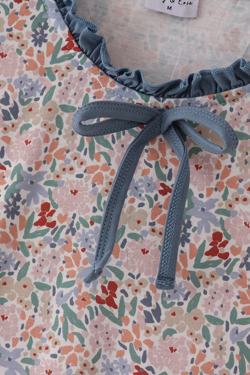 Blue floral print ruffle mom dress