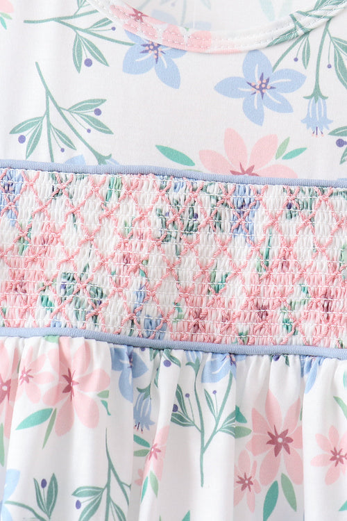Blue Floral Smocked Ruffle Set
