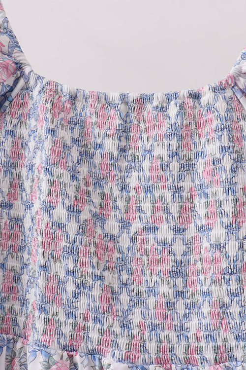 Blue Floral Smocked Women Dress