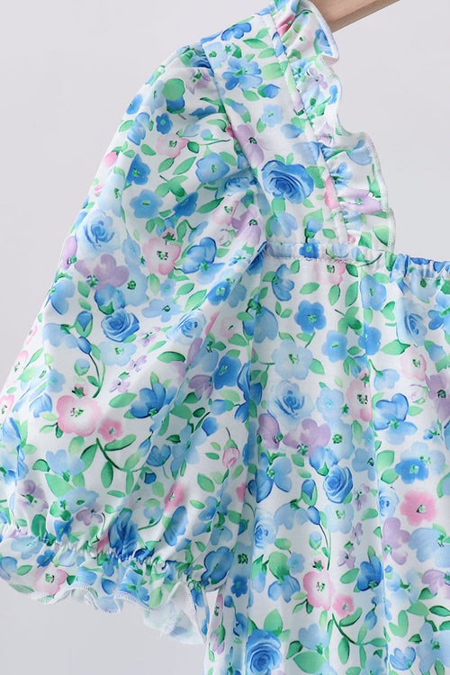 Blue Floral Tiered Women Dress
