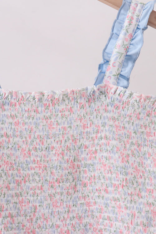 Blue Floral Smocked Mom Tiered Dress