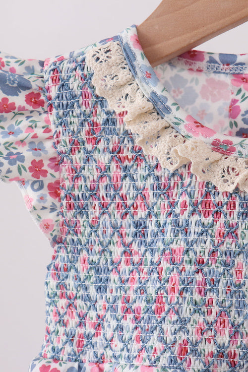 Blue Floral Smocked Ruffle Bubble
