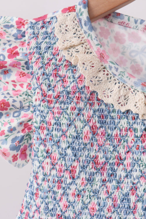 Blue Floral Smocked Scalloped Shorts Set